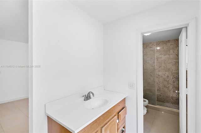 full bathroom featuring tile patterned floors, toilet, vanity, and a stall shower