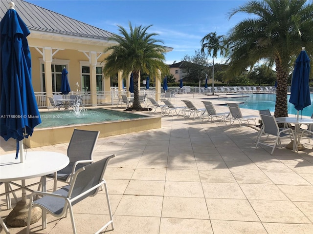 community pool with a patio area