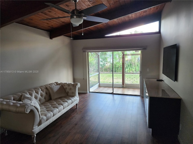 living room featuring lofted ceiling with beams, ceiling fan, wooden ceiling, baseboards, and dark wood-style flooring