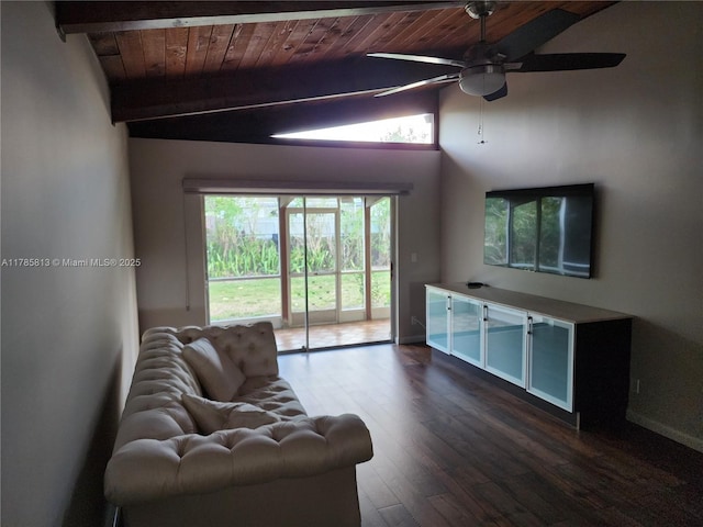 living area featuring a ceiling fan, vaulted ceiling with beams, wood ceiling, baseboards, and dark wood-style flooring