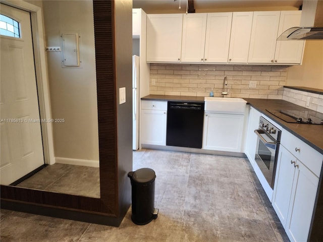 kitchen featuring dark countertops, a sink, black appliances, backsplash, and ventilation hood