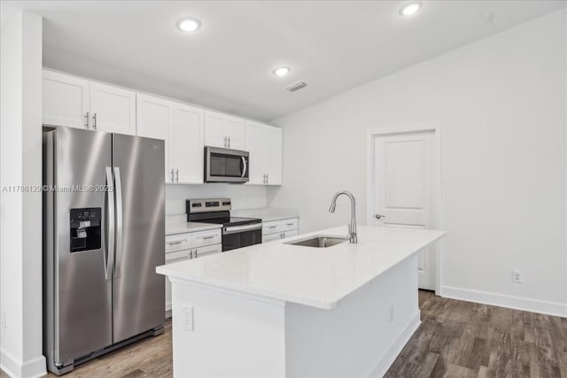1909 NE 2nd Ave, Cape Coral, FL 33909 - kitchen with stainless steel appliances, a sink, dark wood finished floors, white cabinets, and recessed lighting