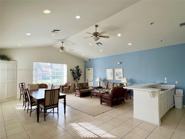 15161 Royal Windsor Ln Unit 2603, Fort Myers, FL 33919 - dining space with lofted ceiling, light tile patterned flooring, a ceiling fan, and recessed lighting