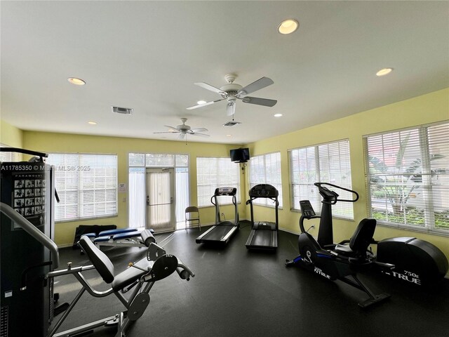 15161 Royal Windsor Ln Unit 2603, Fort Myers, FL 33919 - gym featuring plenty of natural light, recessed lighting, a ceiling fan, and baseboards