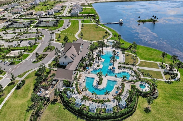 aerial view featuring a water view