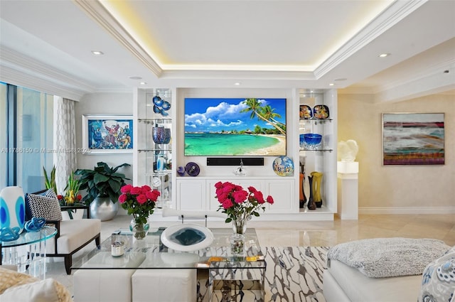 living room featuring crown molding, a raised ceiling, baseboards, and recessed lighting