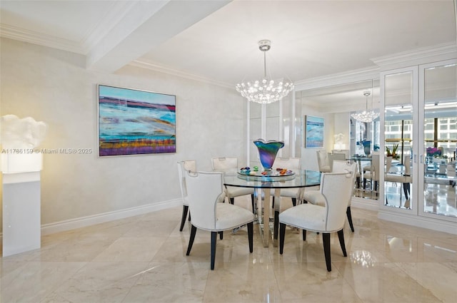 dining area featuring marble finish floor, a notable chandelier, and crown molding