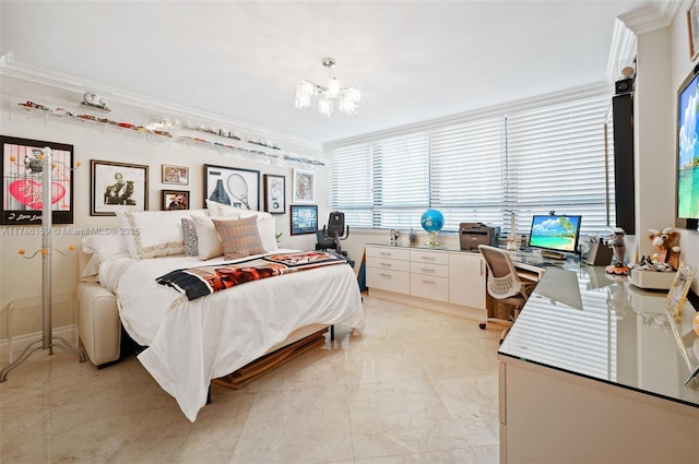 bedroom featuring marble finish floor, a chandelier, and crown molding