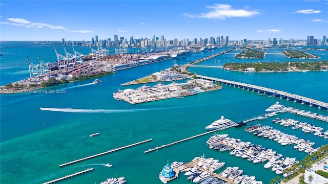 aerial view with a city view and a water view