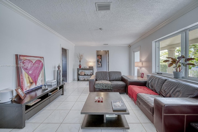 7215 SW 16th St, Miami, FL 33155 - living room featuring a textured ceiling, visible vents, and crown molding