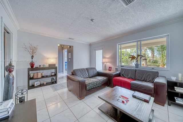7215 SW 16th St, Miami, FL 33155 - living room with visible vents, a textured ceiling, and crown molding