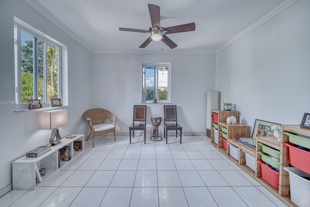 7215 SW 16th St, Miami, FL 33155 - living area with a ceiling fan, ornamental molding, a wealth of natural light, and a textured ceiling