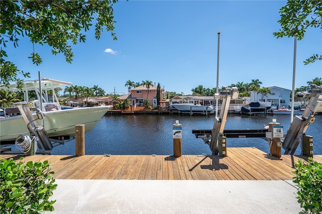 dock area featuring boat lift and a water view
