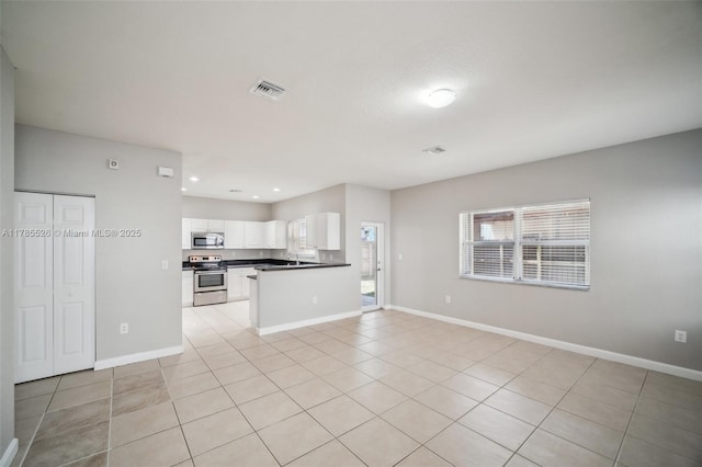 146 NE 36th Ter, Homestead, FL 33033 - kitchen with dark countertops, open floor plan, stainless steel appliances, white cabinets, and visible vents