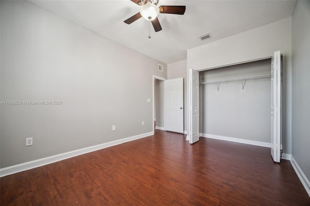 146 NE 36th Ter, Homestead, FL 33033 - unfurnished bedroom with baseboards, visible vents, a ceiling fan, wood finished floors, and a closet