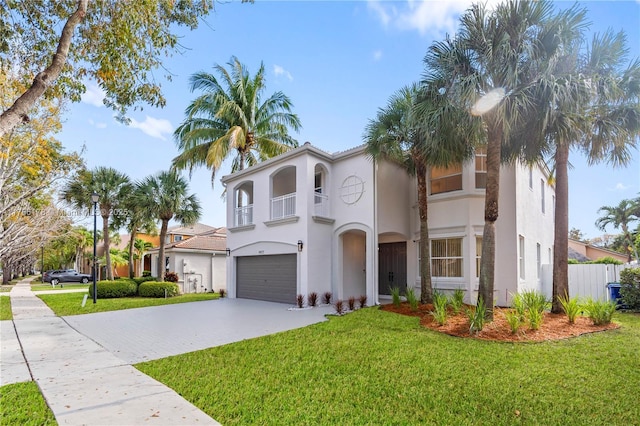 mediterranean / spanish-style house with a garage, a front lawn, a balcony, stucco siding, and concrete driveway