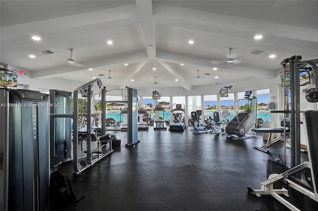 exercise room featuring ceiling fan, recessed lighting, and visible vents