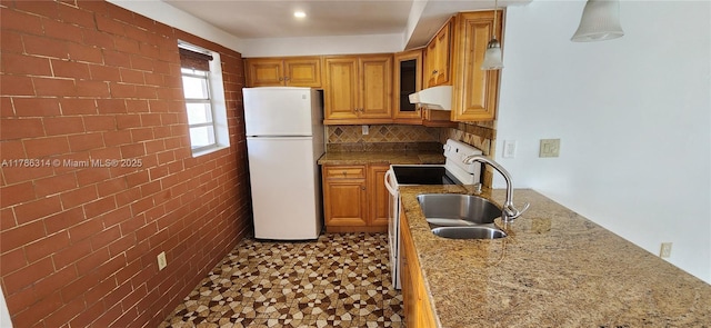 14195 SW 87th St Unit B306, Miami, FL 33183 - kitchen featuring white appliances, a sink, brown cabinets, glass insert cabinets, and light stone counters