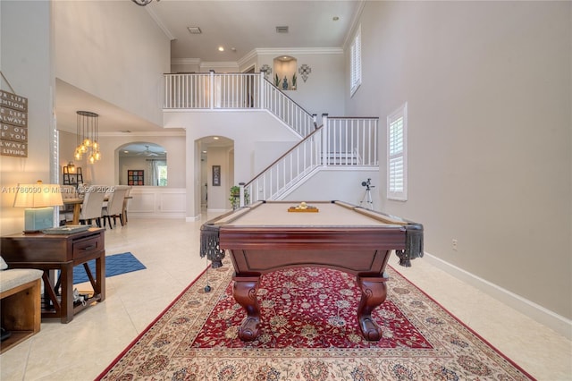 1454 Newhaven Point Ln, West Palm Beach, FL 33411 - game room with arched walkways, crown molding, a high ceiling, billiards, and tile patterned floors
