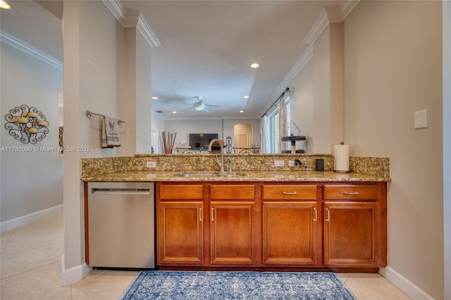 1454 Newhaven Point Ln, West Palm Beach, FL 33411 - kitchen featuring stainless steel dishwasher, light stone counters, a ceiling fan, crown molding, and a peninsula