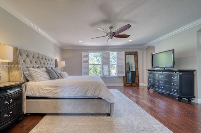 1454 Newhaven Point Ln, West Palm Beach, FL 33411 - bedroom with dark wood finished floors, crown molding, a ceiling fan, recessed lighting, and arched walkways