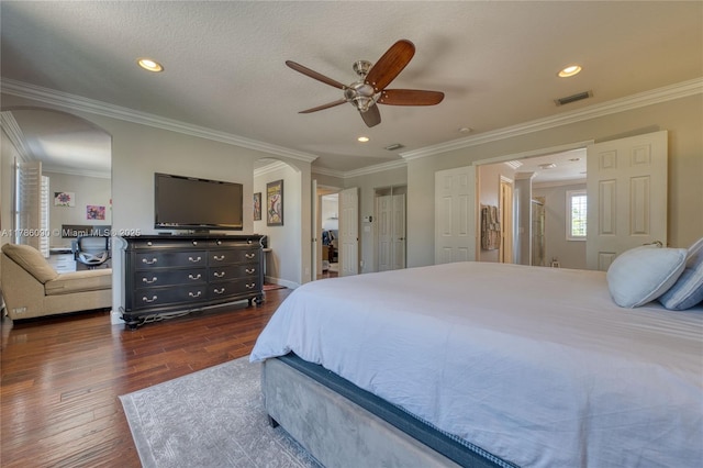 1454 Newhaven Point Ln, West Palm Beach, FL 33411 - bedroom with arched walkways, wood finished floors, ornamental molding, recessed lighting, and ceiling fan