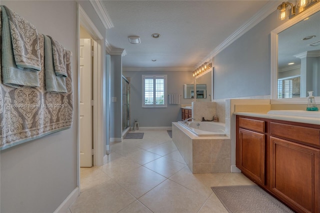 1454 Newhaven Point Ln, West Palm Beach, FL 33411 - bathroom with ornamental molding, vanity, a stall shower, a bath, and tile patterned flooring
