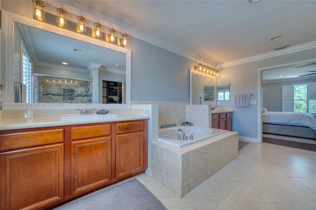 1454 Newhaven Point Ln, West Palm Beach, FL 33411 - ensuite bathroom featuring a shower stall, two vanities, a bath, tile patterned flooring, and ornamental molding