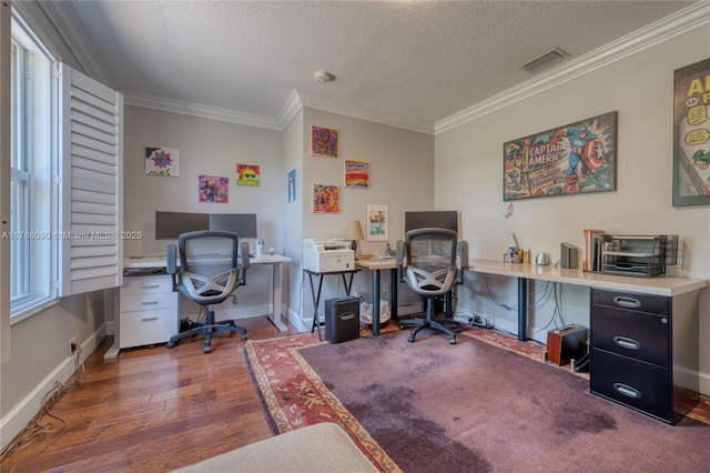1454 Newhaven Point Ln, West Palm Beach, FL 33411 - office space with ornamental molding, wood finished floors, and a textured ceiling