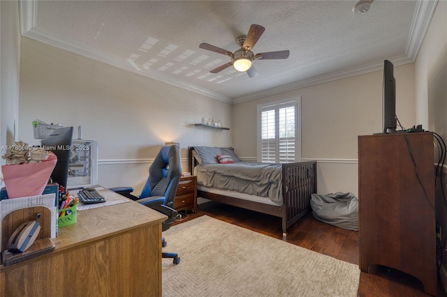 1454 Newhaven Point Ln, West Palm Beach, FL 33411 - bedroom featuring wood finished floors, an office area, crown molding, a textured ceiling, and a ceiling fan