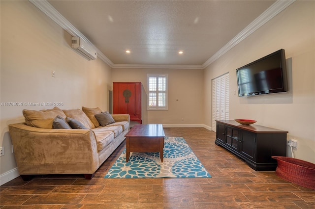 1454 Newhaven Point Ln, West Palm Beach, FL 33411 - living area featuring a wall unit AC, ornamental molding, wood finished floors, and recessed lighting