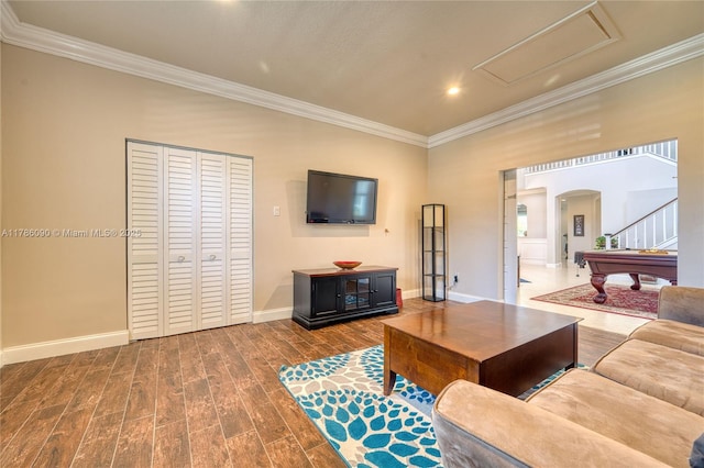 1454 Newhaven Point Ln, West Palm Beach, FL 33411 - living room with arched walkways, ornamental molding, wood finished floors, and recessed lighting