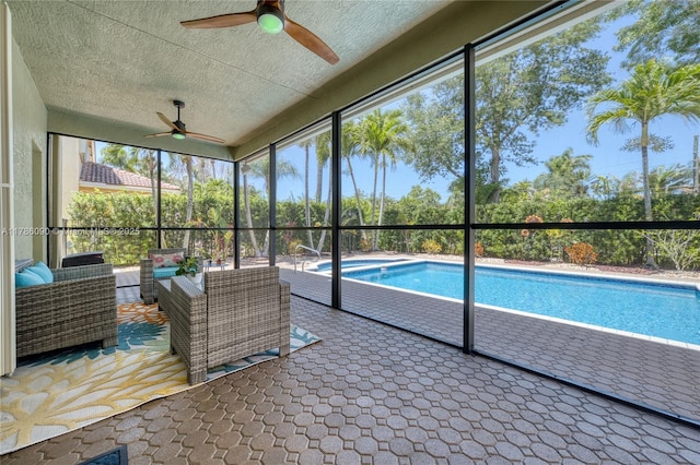 1454 Newhaven Point Ln, West Palm Beach, FL 33411 - outdoor pool with ceiling fan, an outdoor living space, and a patio area