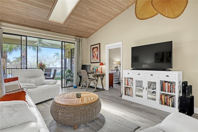 6121 SE Landing Way Unit 13, Stuart, FL 34997 - living room featuring wood ceiling, vaulted ceiling, a ceiling fan, wood finished floors, and baseboards