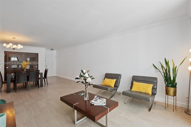 3001 S Ocean Dr Unit 1407, Hollywood, FL 33019 - living area featuring an inviting chandelier, crown molding, and baseboards