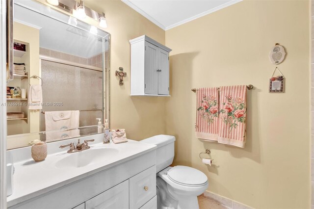 14898 Wildflower Ln Unit 0, Delray Beach, FL 33446 - full bath featuring vanity, crown molding, toilet, a shower stall, and tile patterned floors
