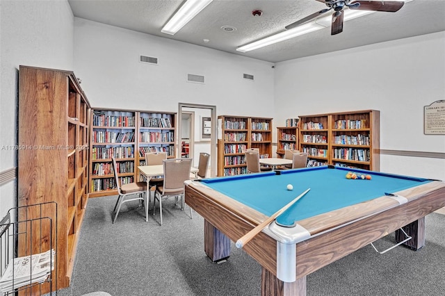 14898 Wildflower Ln Unit 0, Delray Beach, FL 33446 - rec room featuring carpet, a textured ceiling, ceiling fan, and pool table