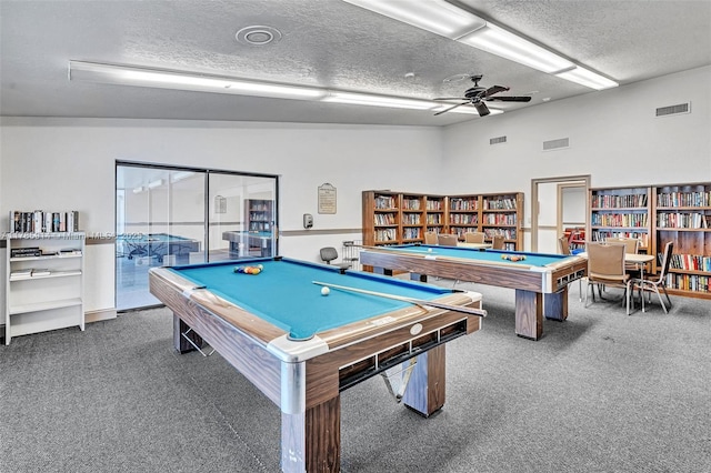 14898 Wildflower Ln Unit 0, Delray Beach, FL 33446 - recreation room featuring a textured ceiling, carpet flooring, pool table, and ceiling fan