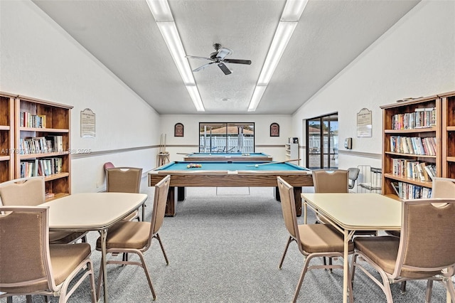 14898 Wildflower Ln Unit 0, Delray Beach, FL 33446 - game room featuring lofted ceiling, a ceiling fan, carpet, a textured ceiling, and billiards