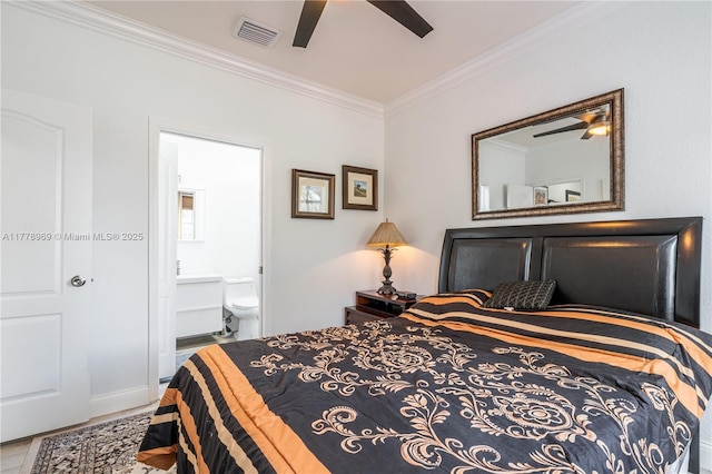 1733 SW 151st Pl, Miami, FL 33185 - bedroom with ornamental molding, ensuite bath, wood finished floors, and ceiling fan