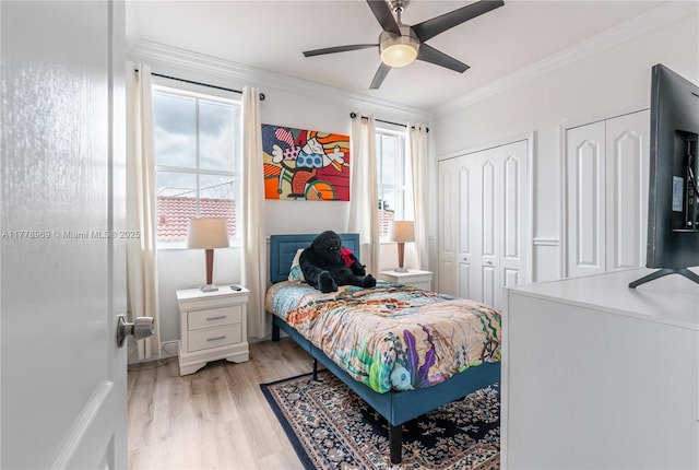 1733 SW 151st Pl, Miami, FL 33185 - bedroom featuring two closets, ornamental molding, light wood finished floors, and ceiling fan