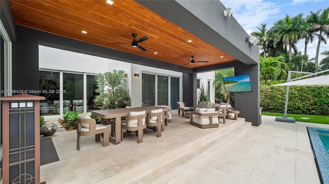10603 NE 11th Ave, Miami Shores, FL 33138 - view of patio / terrace with outdoor dining area, a ceiling fan, outdoor lounge area, and an outdoor pool