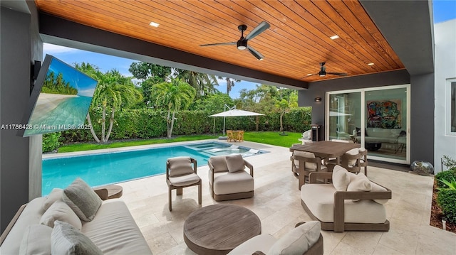 10603 NE 11th Ave, Miami Shores, FL 33138 - view of patio / terrace featuring ceiling fan, an outdoor pool, and an outdoor hangout area