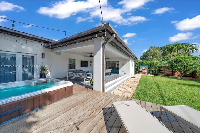3953 SW 60th Ave, Miami, FL 33155 - deck featuring ceiling fan, an outdoor living space, and french doors