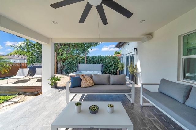 3953 SW 60th Ave, Miami, FL 33155 - view of patio / terrace featuring outdoor lounge area, a deck, a ceiling fan, and fence