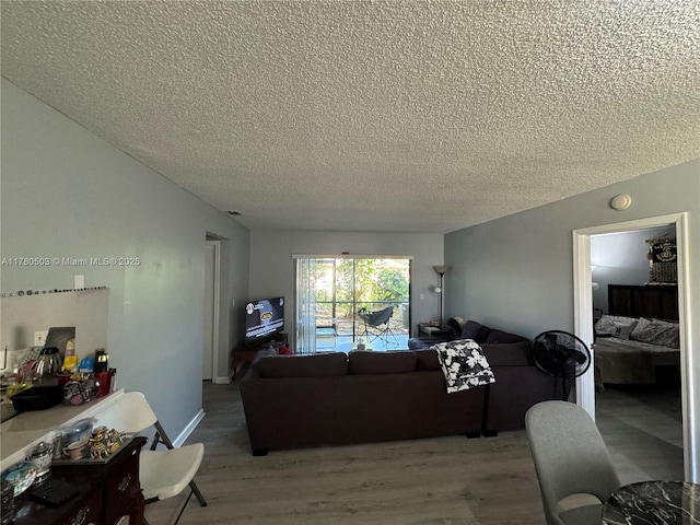 living room with a textured ceiling and wood finished floors