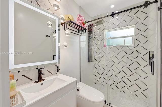 36355 SW 192nd Ave, Homestead, FL 33034 - bathroom with backsplash, vanity, toilet, and a stall shower