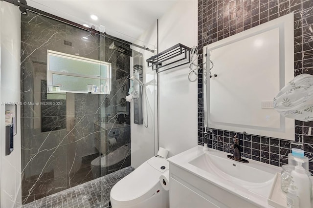 36355 SW 192nd Ave, Homestead, FL 33034 - full bath with a marble finish shower, vanity, tile walls, backsplash, and toilet