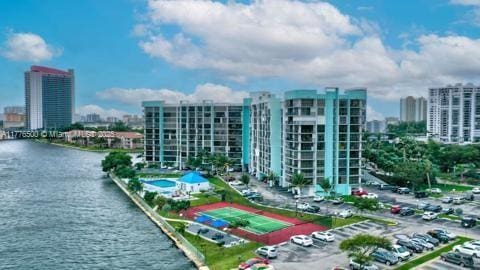 aerial view of a view of skyline and a nearby body of water