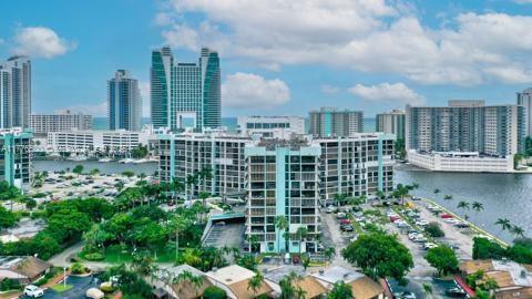 drone / aerial view of a skyline view and a nearby body of water